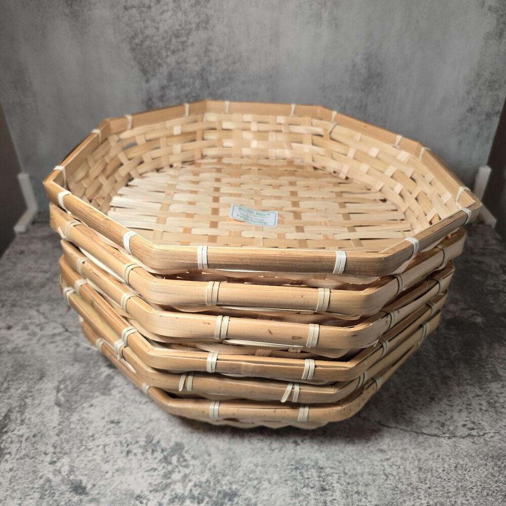 Vintage Handcrafted Wicker Trays Octagon Shape Snack Bamboo Basket Set X 6 pcs